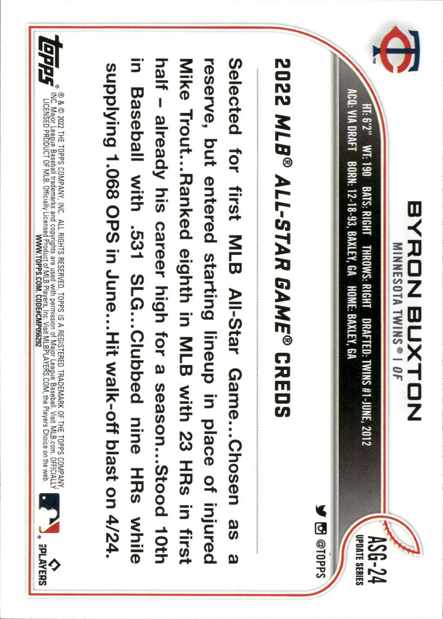 Byron Buxton 2022 Topps Update # ASG-24 All Star Game Minnesota Twins