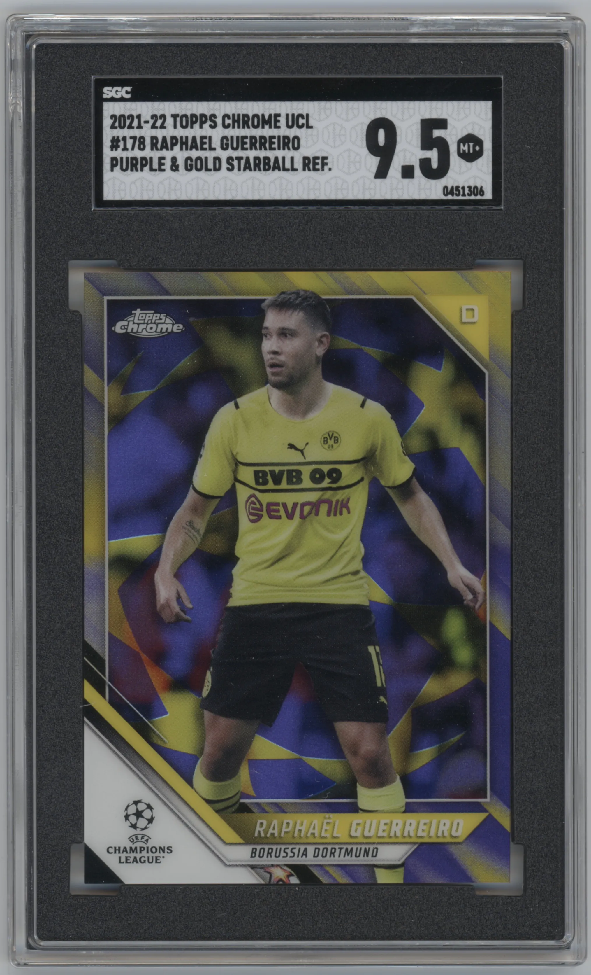 2021 Topps Chrome UEFA Champions League Raphaël Guerreiro Purple & Gold Starball Refractor SGC 9.5