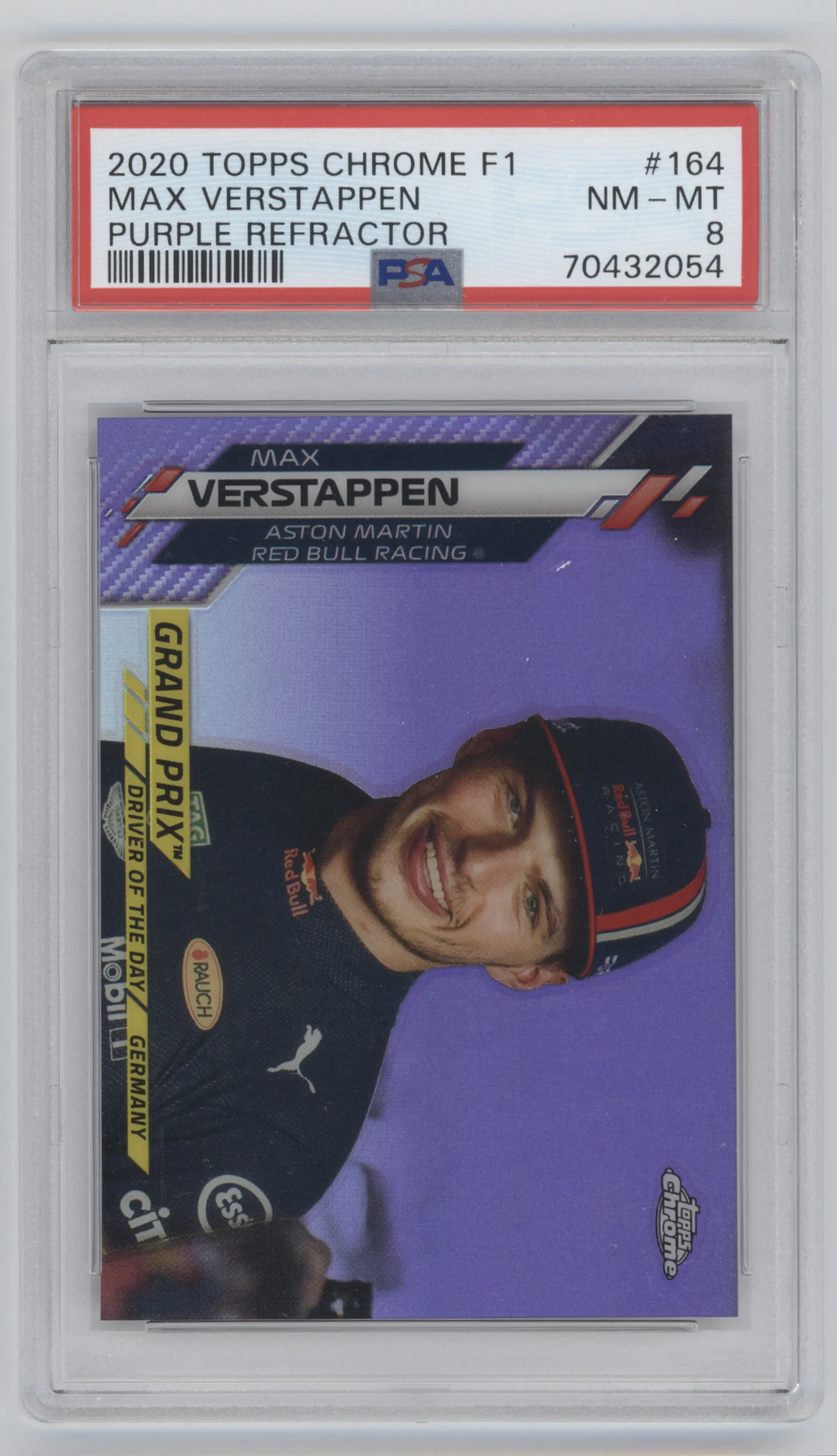 2020 Topps Chrome F1 Grand Prix Driver of the Day Max Verstappen Purple Refractor #164 PSA 8