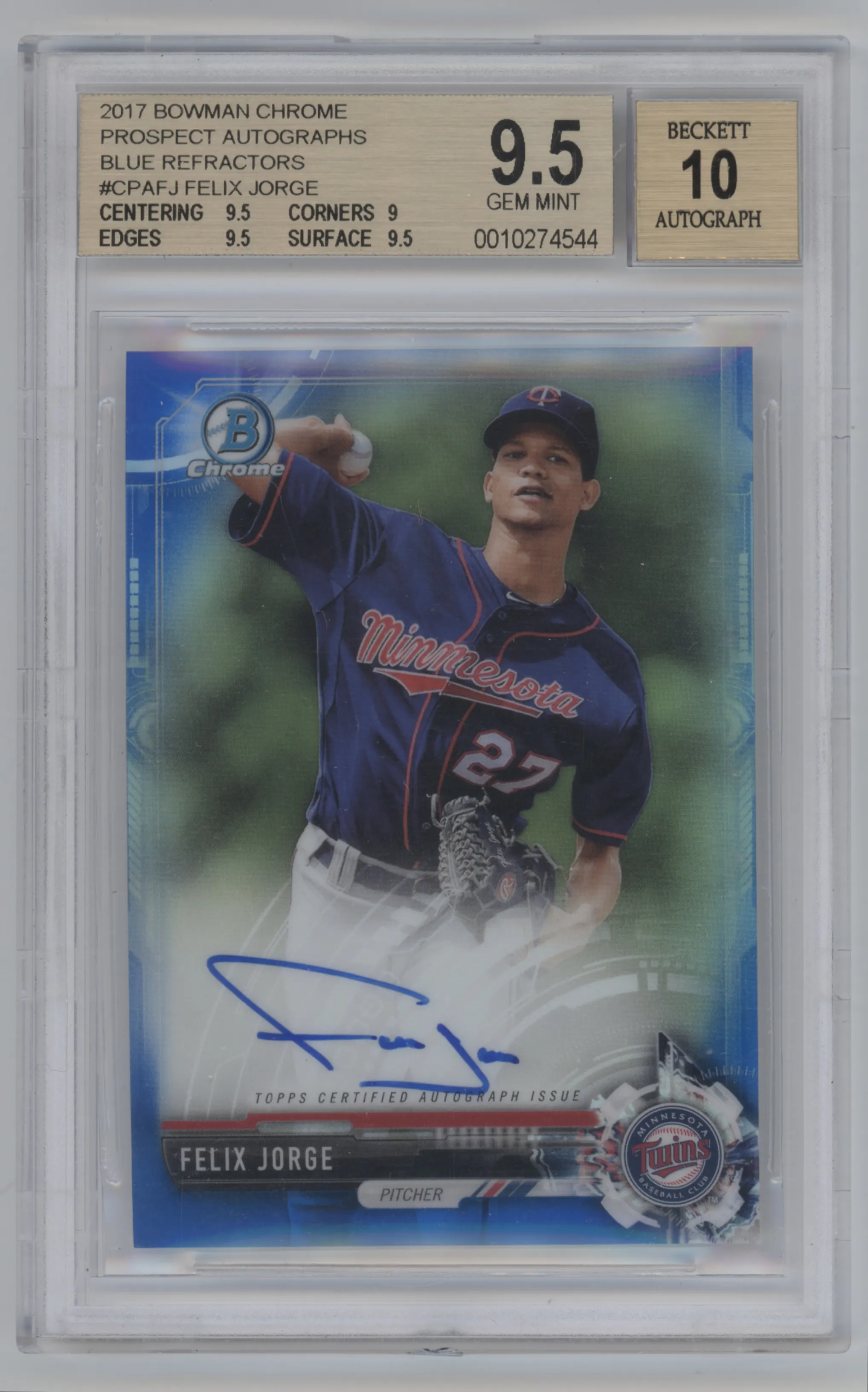 2017 Bowman Chrome Chr.Pros.Auto Felix Jorge Blue Refractor BGS 9.5