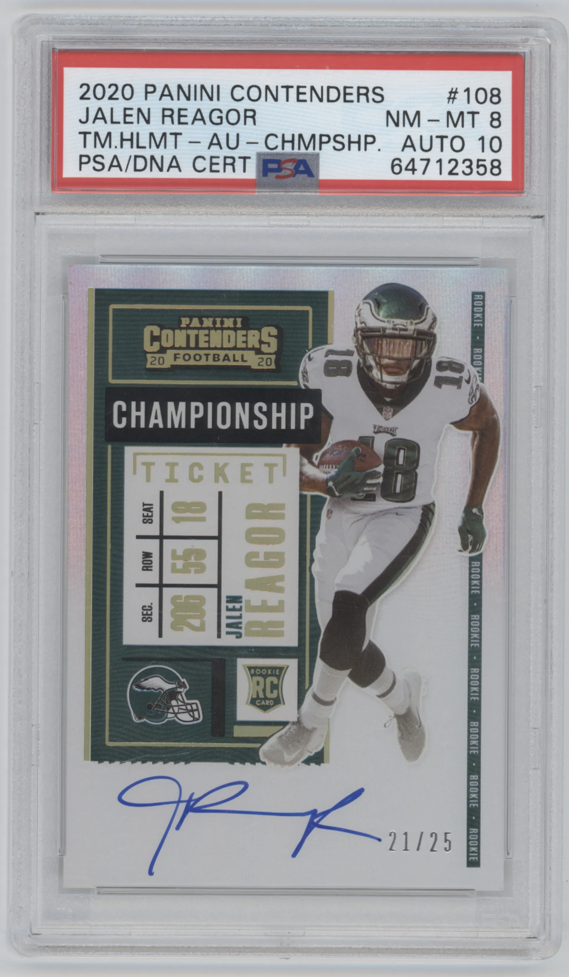 2020 Panini Contenders Rke. Ticket RPS Variation Jalen Reagor Championship #108 PSA 8