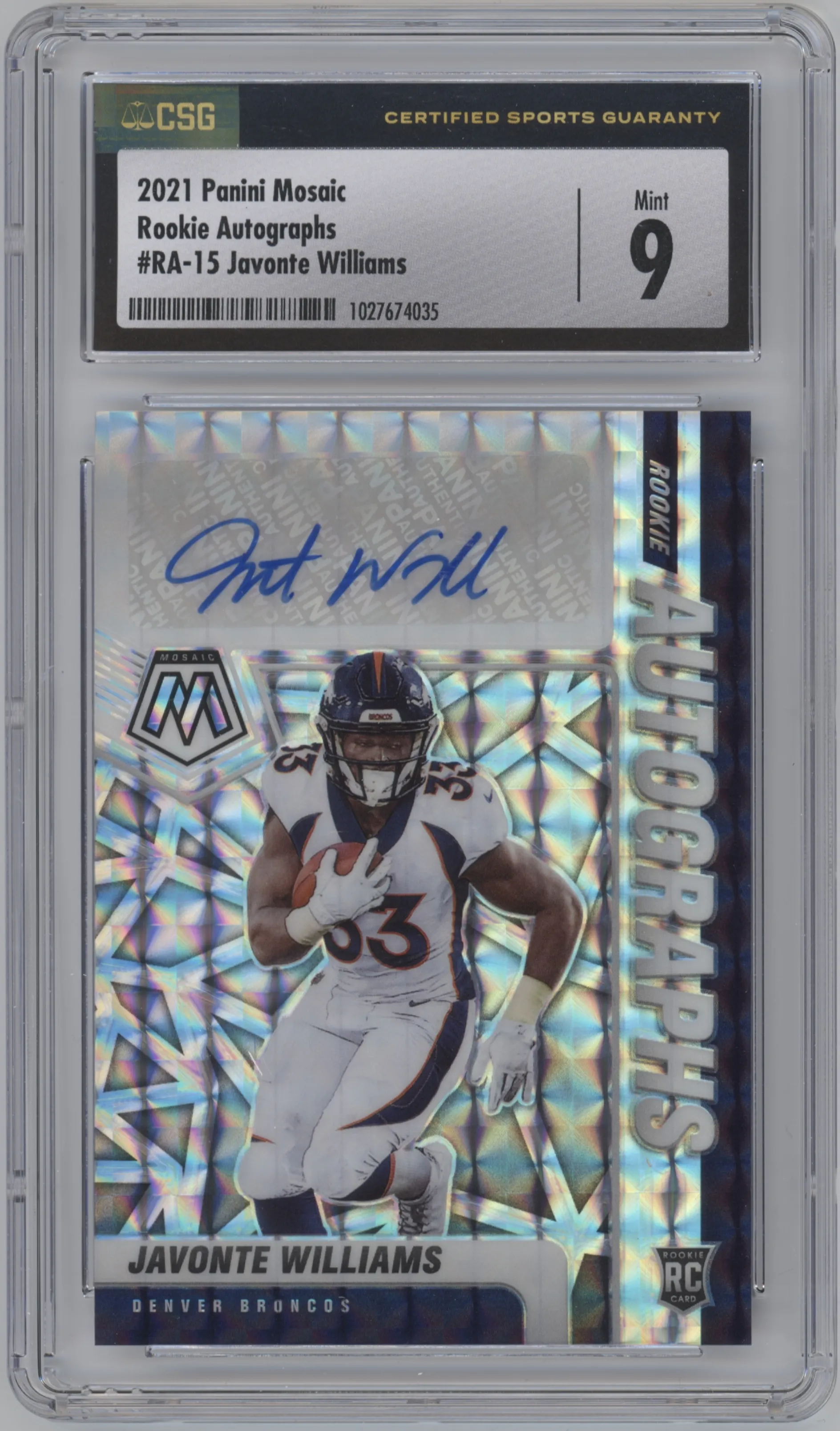 2021 Panini Mosaic Rke. Auto Mosaic Javonte Williams #RA-15 CGC 9