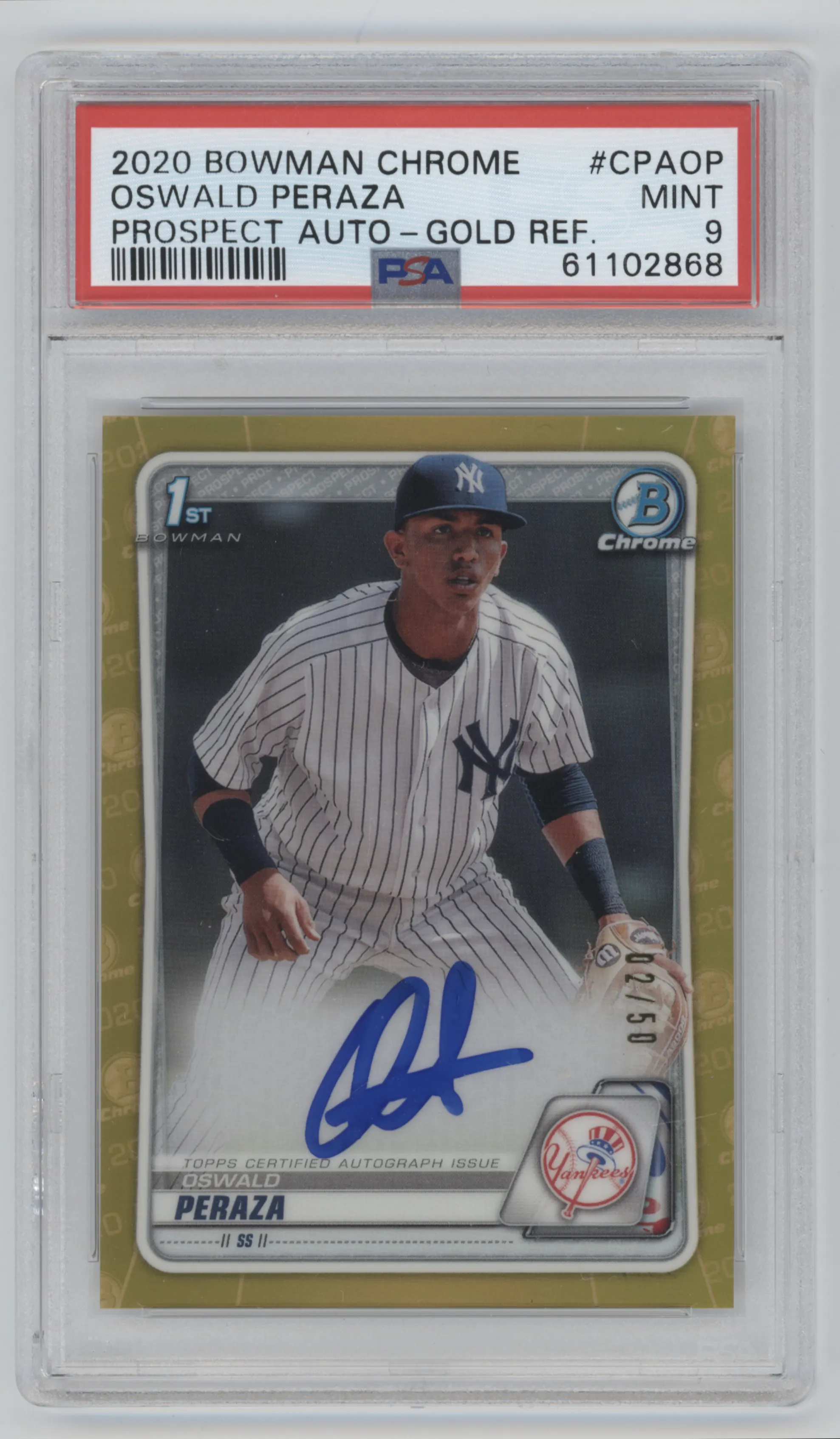 2020 Bowman Chrome Prospect Auto Oswald Peraza Gold Refractor PSA 9