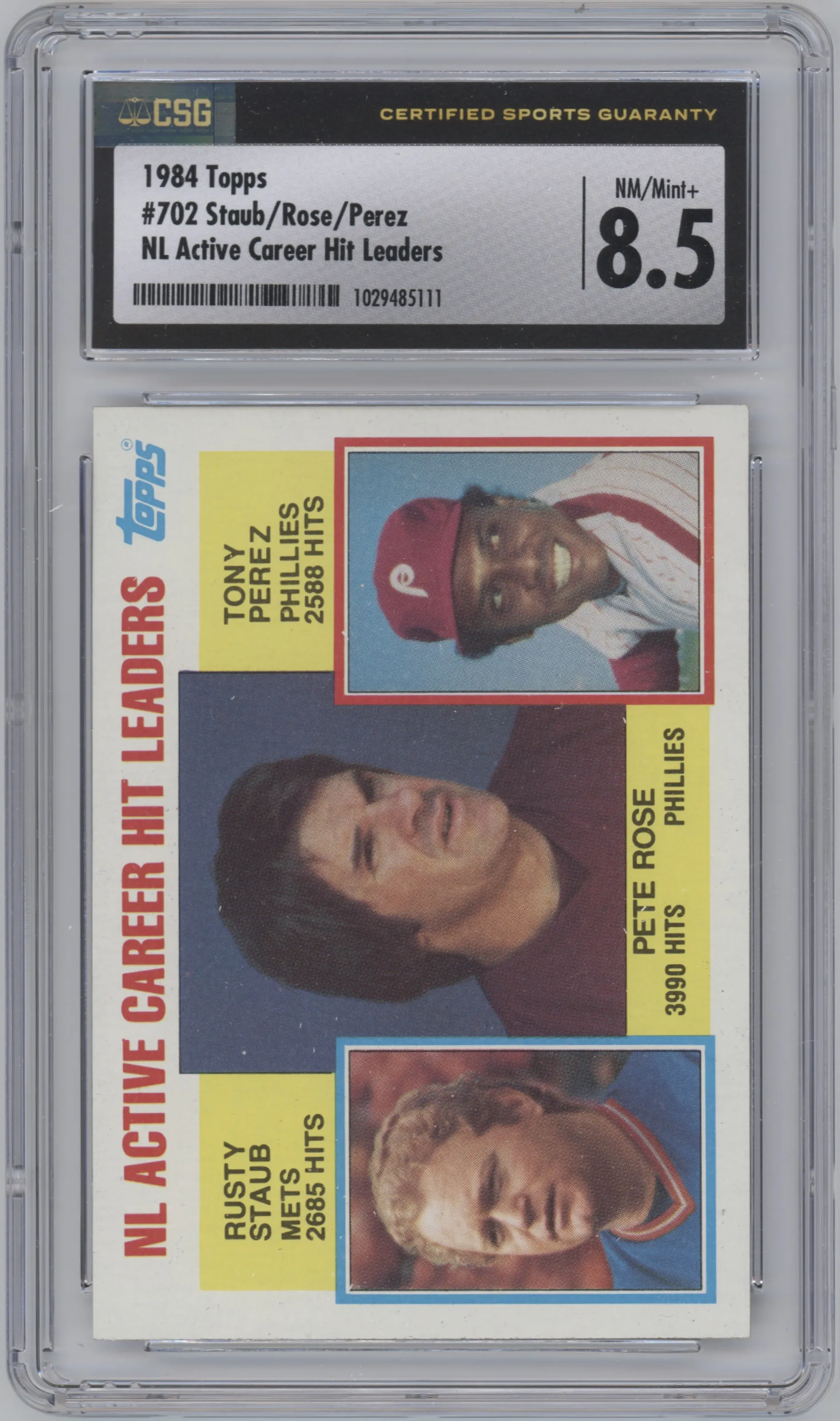 1984 Topps NL Active Career Hit Leaders Pete Rose/Rusty Staub/Tony Perez CGC 8.5