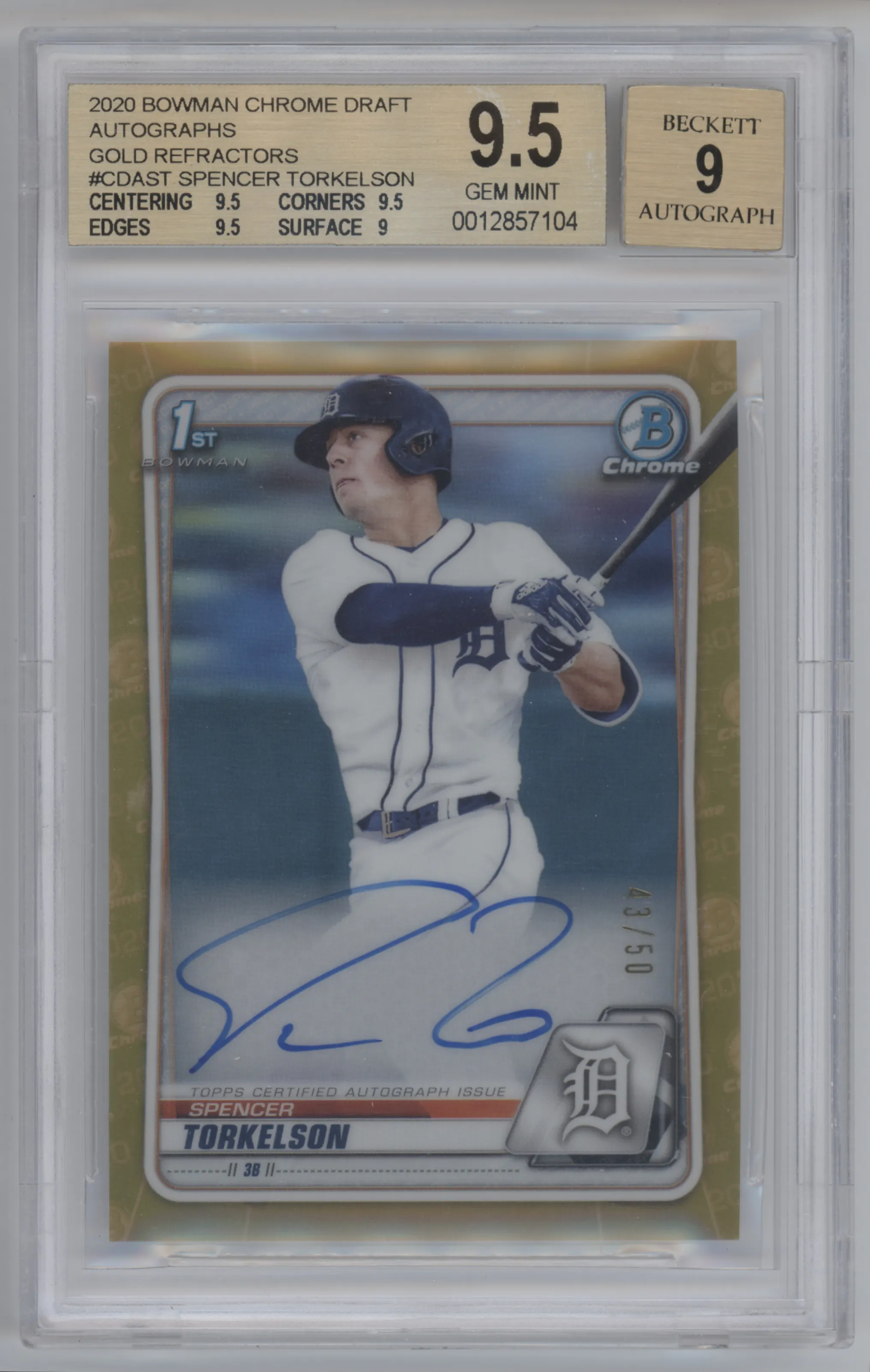 2020 Bowman Draft Chrm DP Auto Spencer Torkelson Gold Refractor BGS 9.5