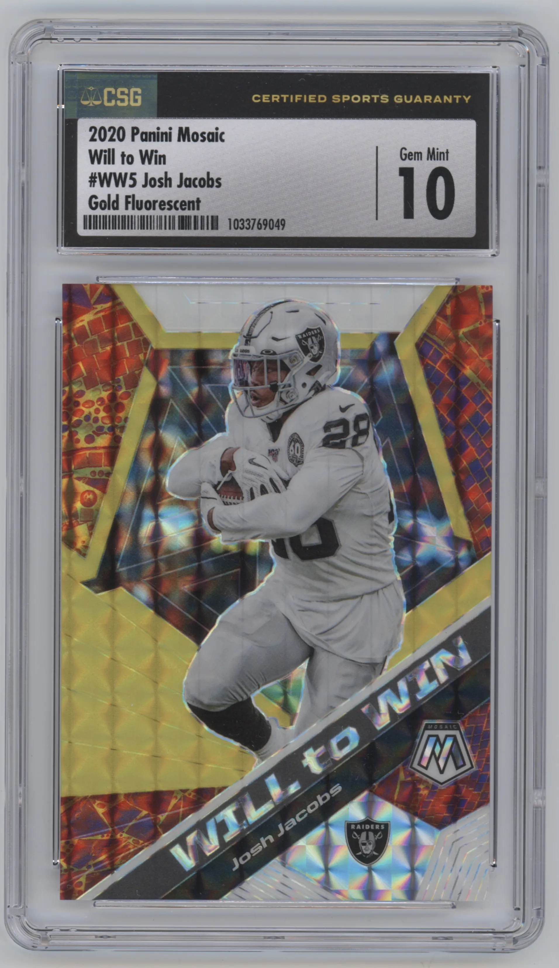 2020 Panini Mosaic Will to Win Josh Jacobs Gold Fluorescent CGC 10