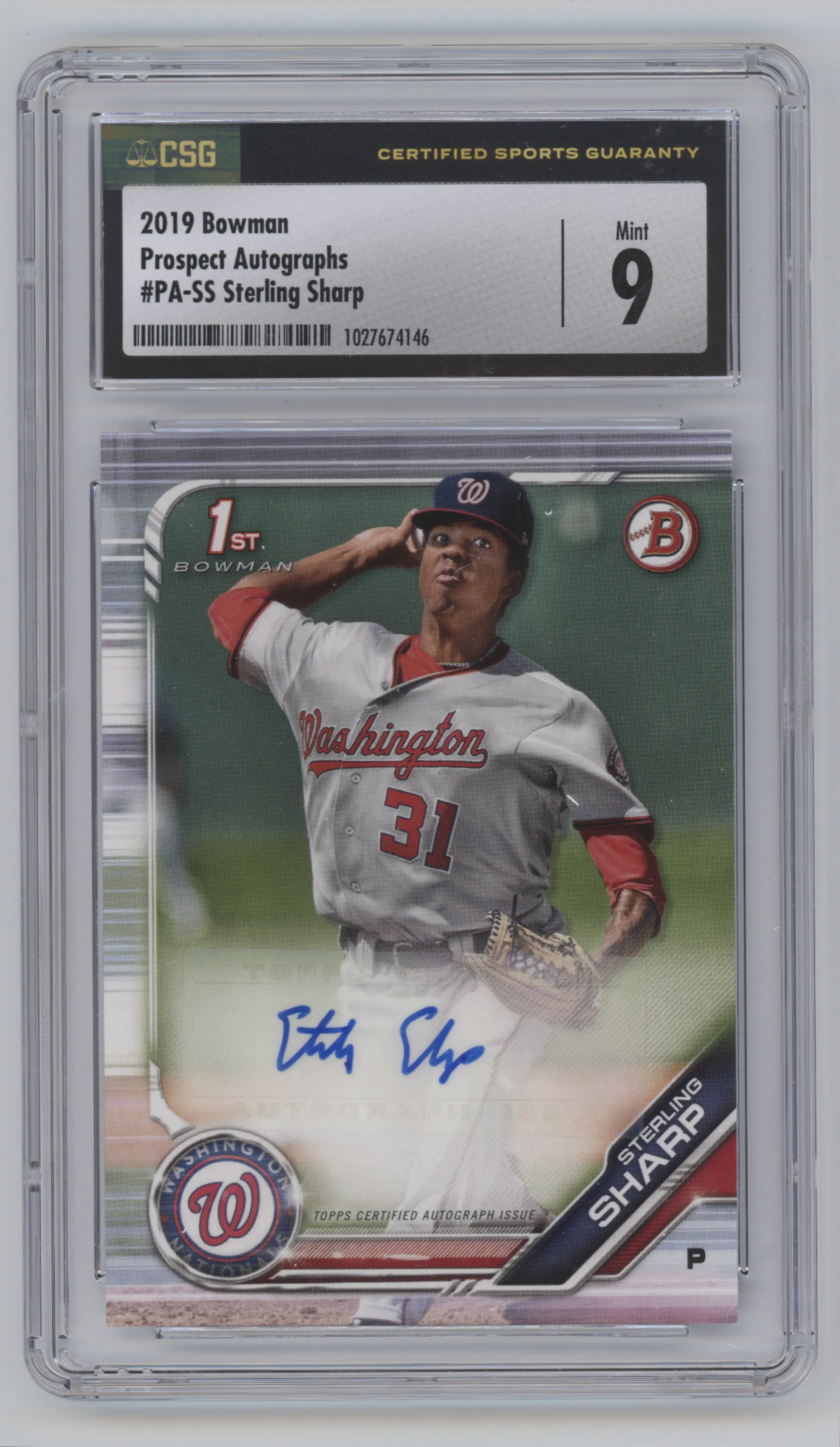 2019 Bowman Prospect Auto Sterling Sharp CGC 9
