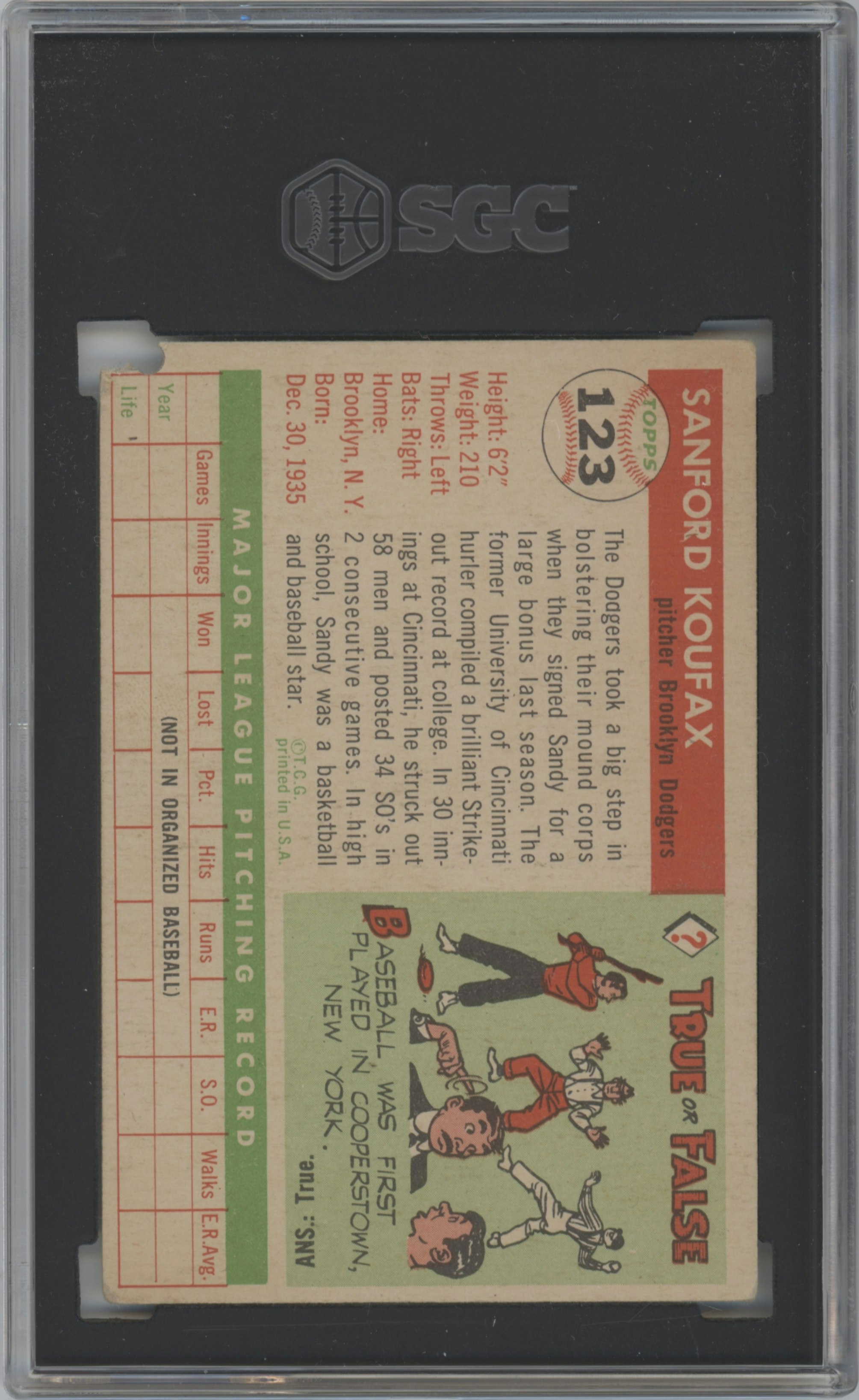 Sandy Koufax 1955 Topps #123 Brooklyn Dodgers Baseball Card SGC 2.5