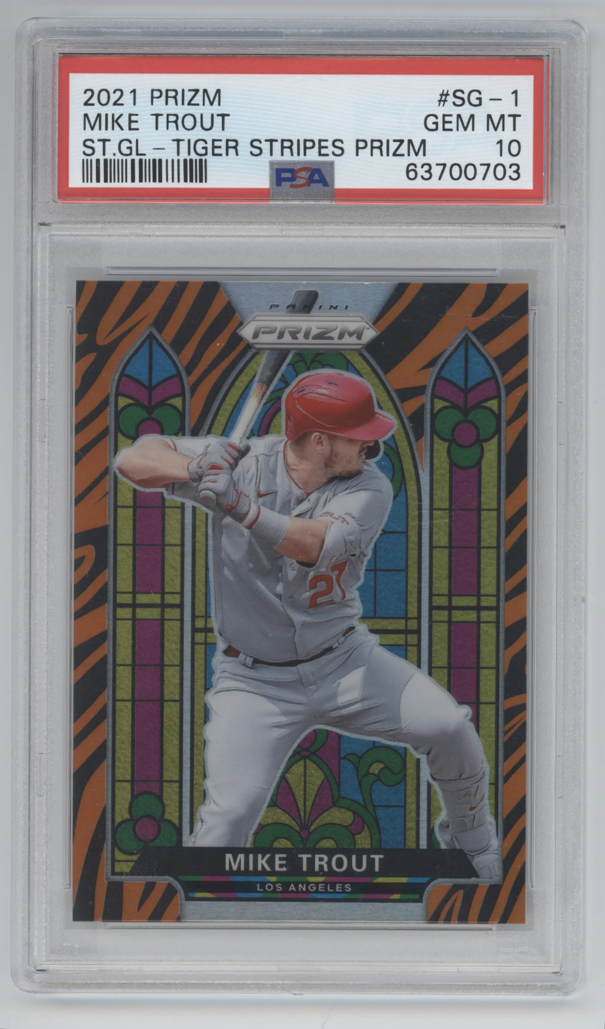 2021 Panini Prizm Stained Glass Mike Trout Tiger Stripes #SG-1 PSA 10