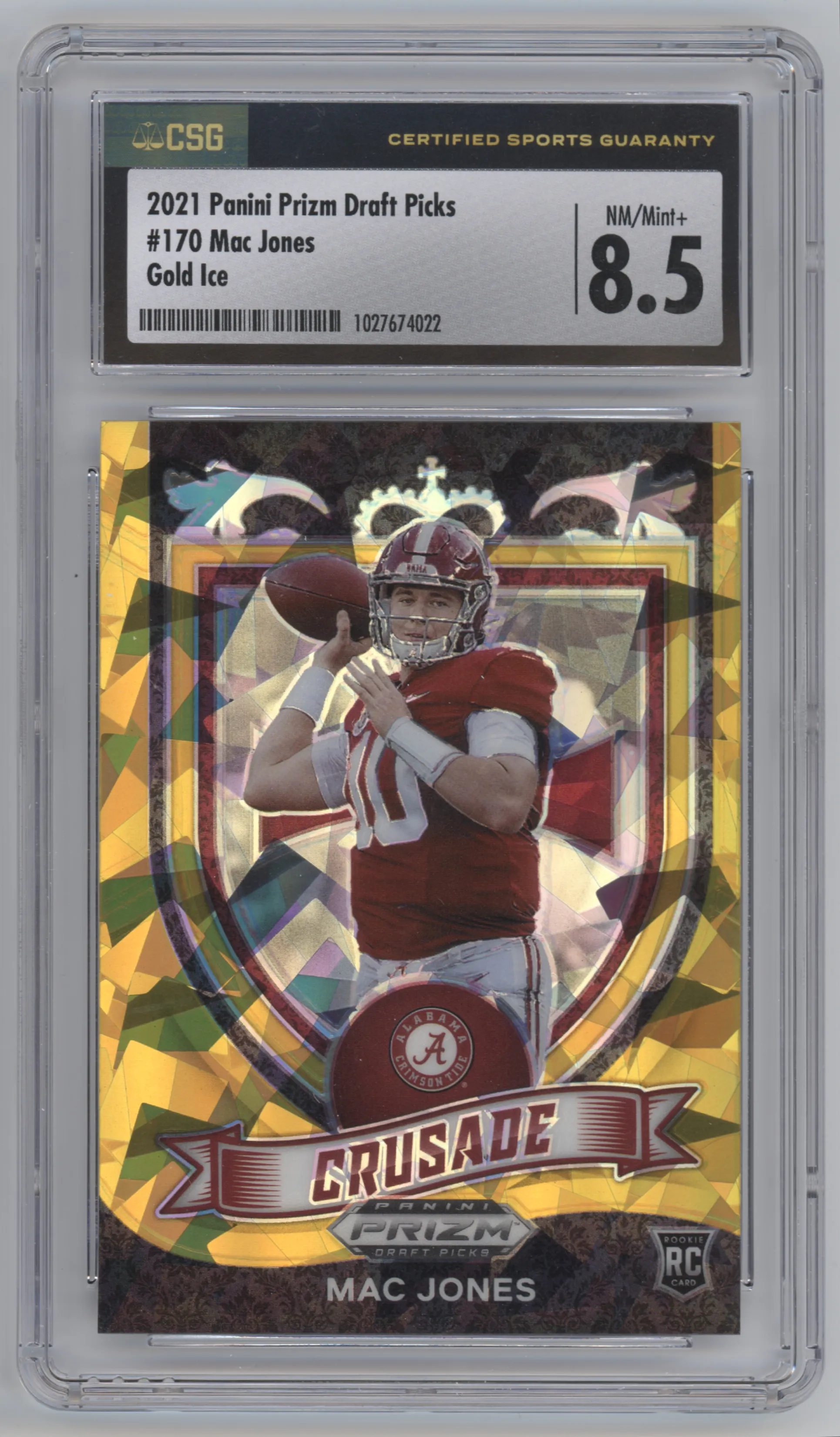 2021 Panini Prizm Draft Picks Crusade Mac Jones Gold Ice Prizm CGC 8.5