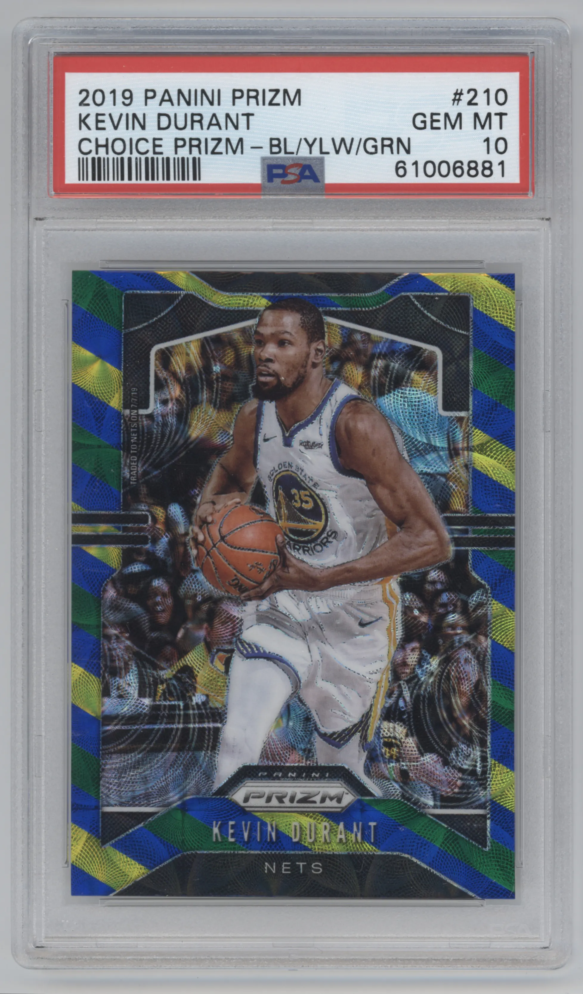 2019 Panini Prizm Kevin Durant Blue/Yellow/Green Choice #210 PSA 10